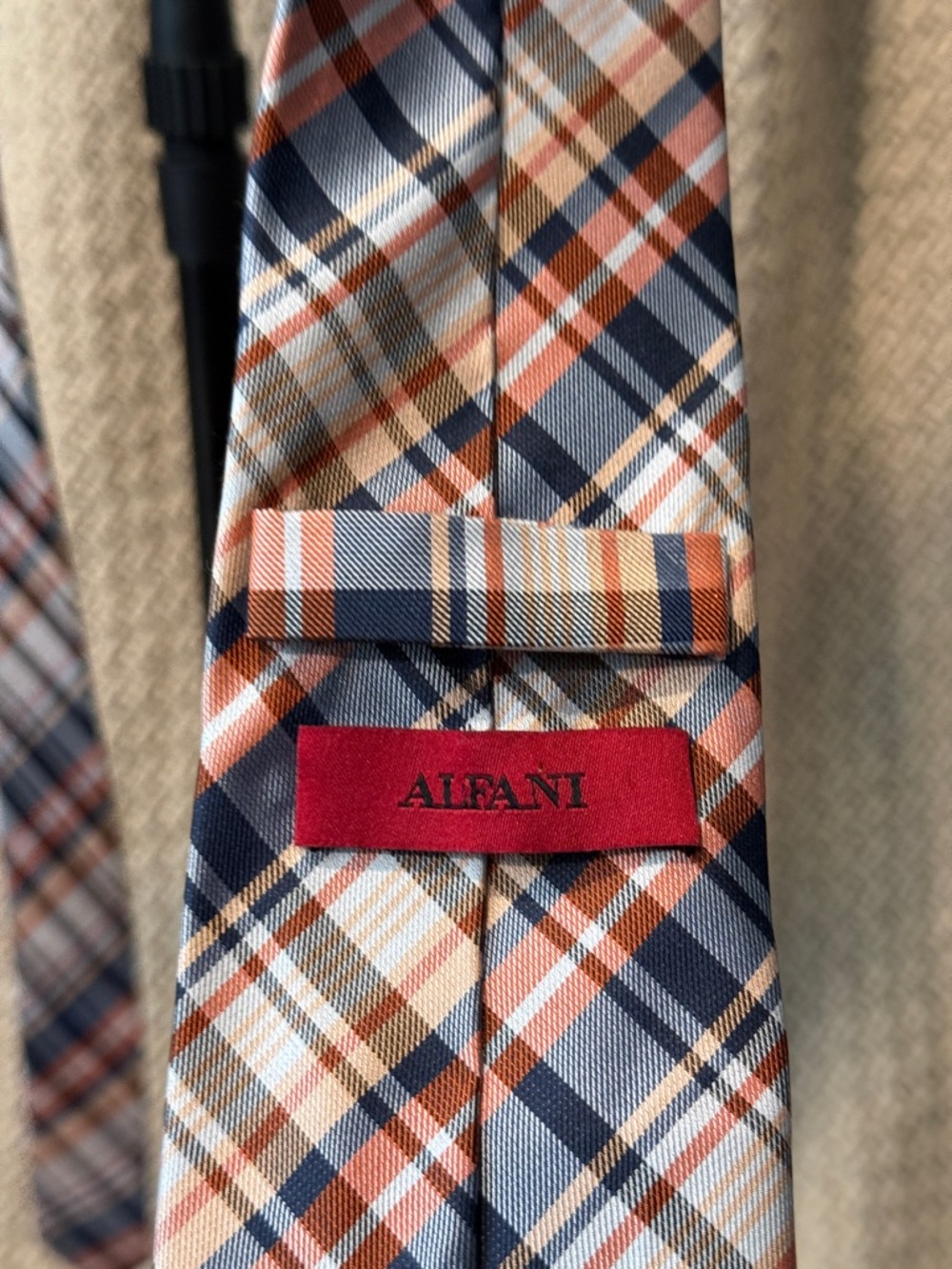 Alfani Navy, Orange & Cream Plaid Silk Tie